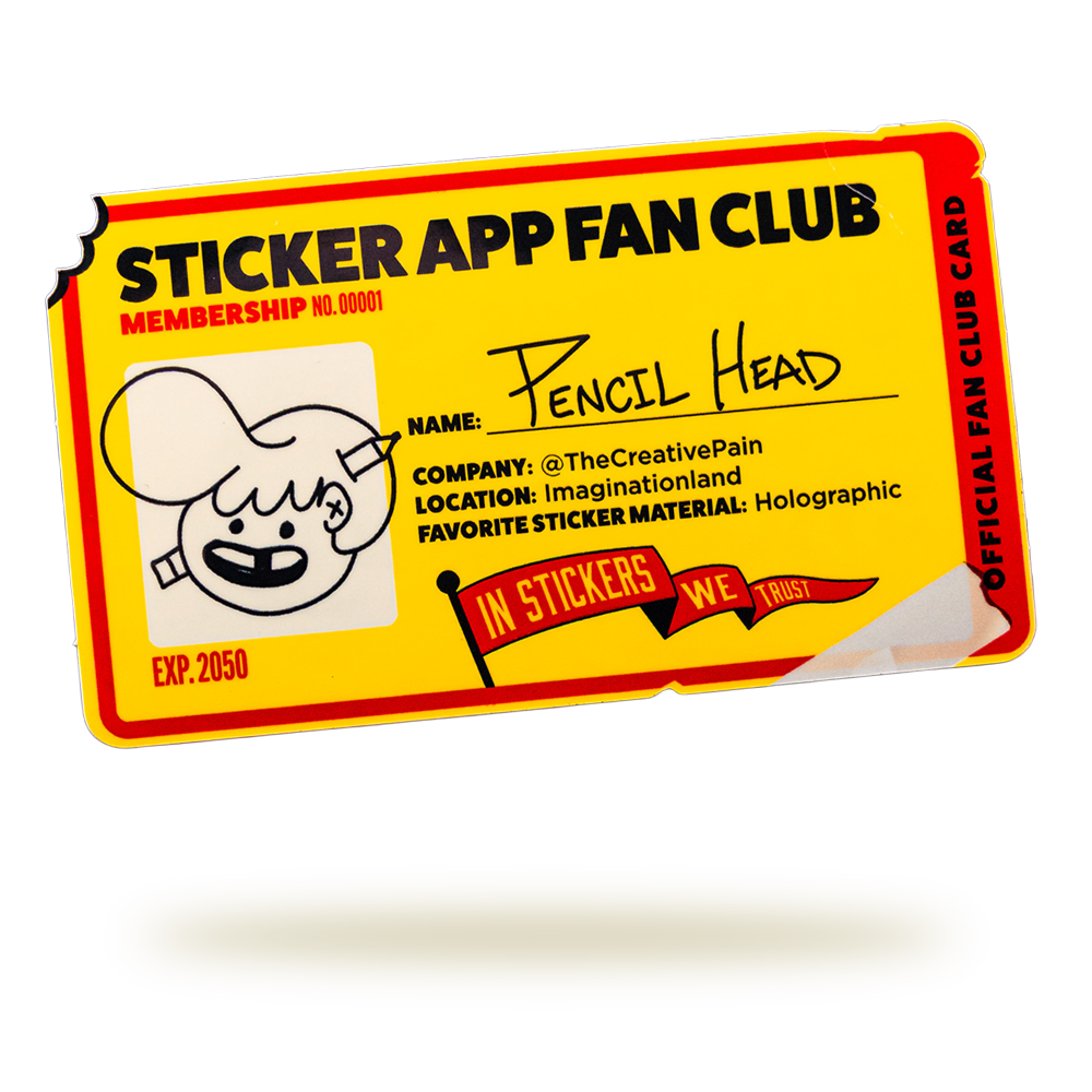 Yellow and red "Sticker App Fan Club" sticker for "Pencil Head," featuring a cartoon character and holographic favorite sticker material.