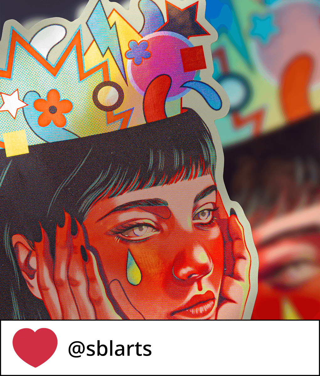 Die cut holographic sticker with a crying girl and a crown - Sblarts.