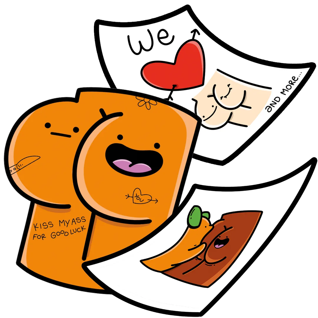 Orangefarbene Po-Figur mit dem Text "Kiss my ass for good luck" und NSFW-Stickerkarten von The Dirty Drop