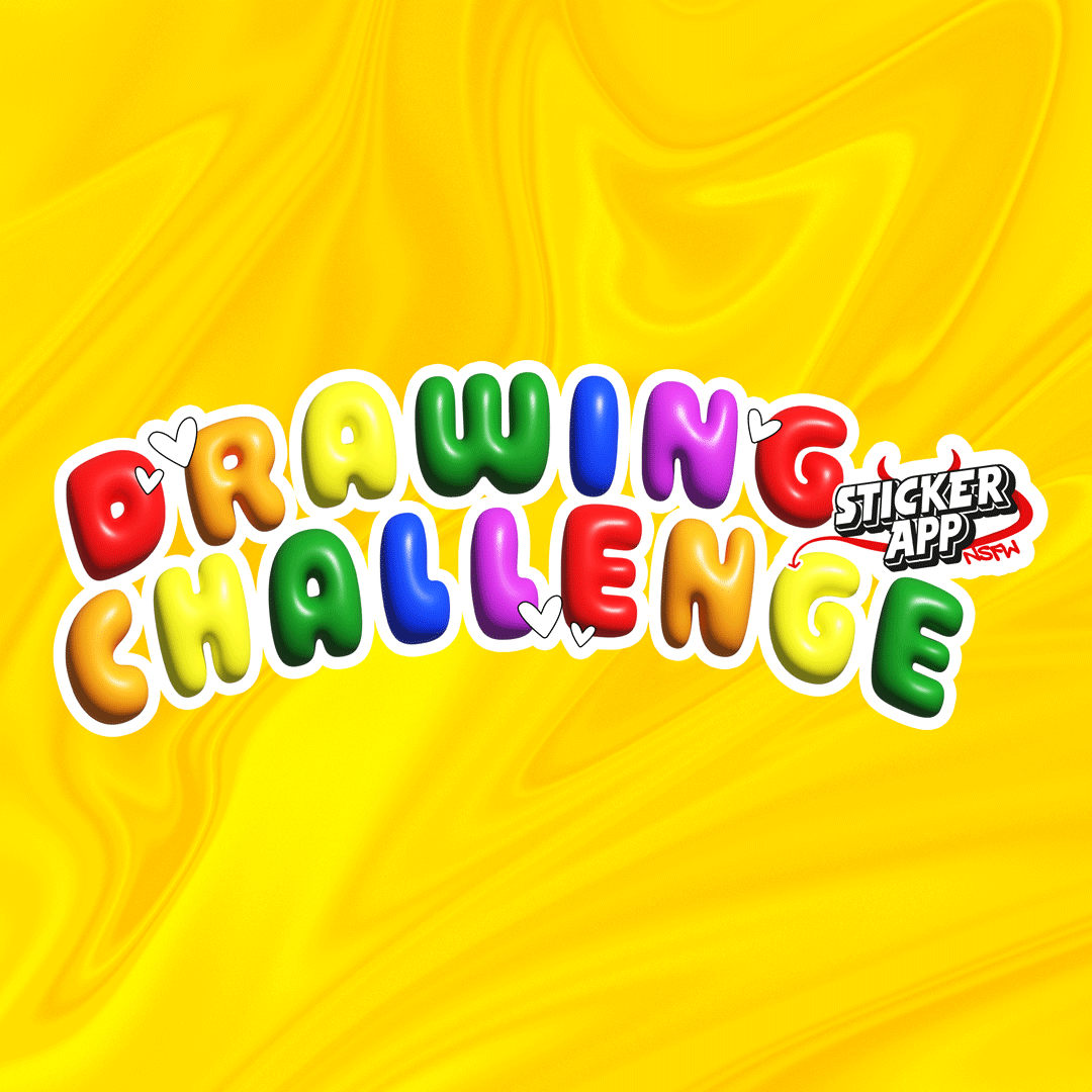Colorful "Drawing Challenge" text with heart accents on a vibrant yellow background, featuring a "Sticker App" logo.