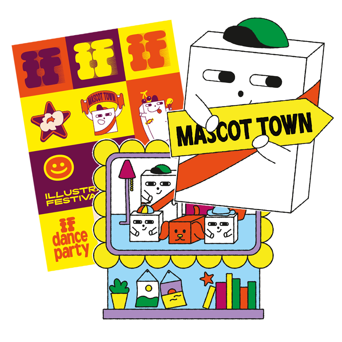 Cartoon mascots with a "Mascot Town" sign, featuring colorful festival and dance party elements in the background.