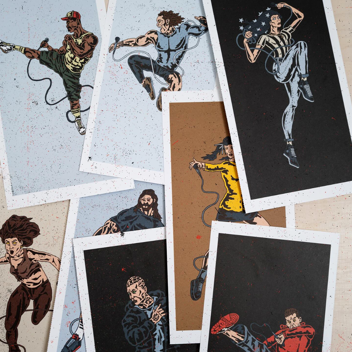 Illustrations of hardcore artists turned into super heroes, drawn on paper, created bt Marc UA.