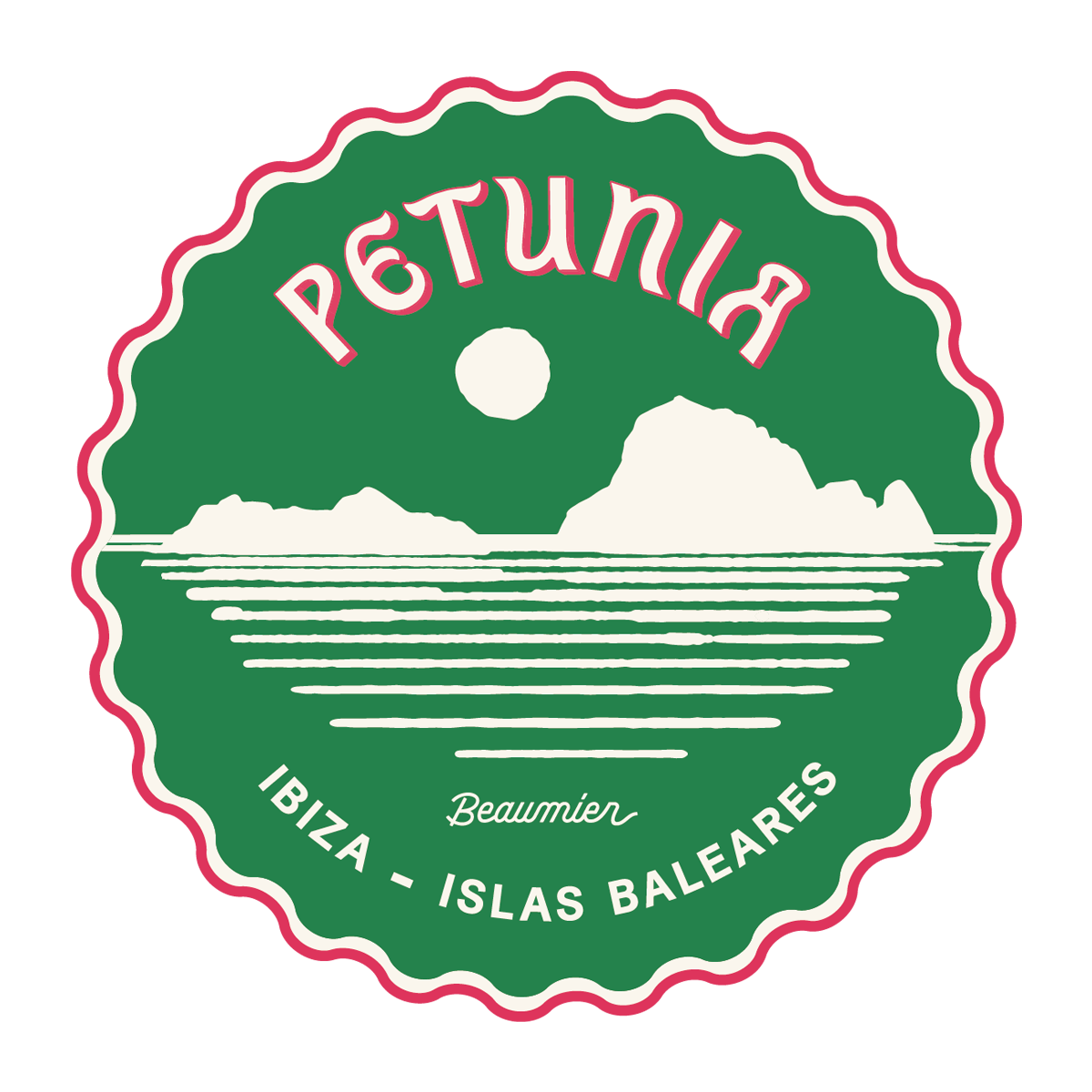 Retro-style logo with "Petunia" text, featuring a sun, sea, and island silhouette. Text reads "Ibiza - Islas Baleares" and "Beaumier."