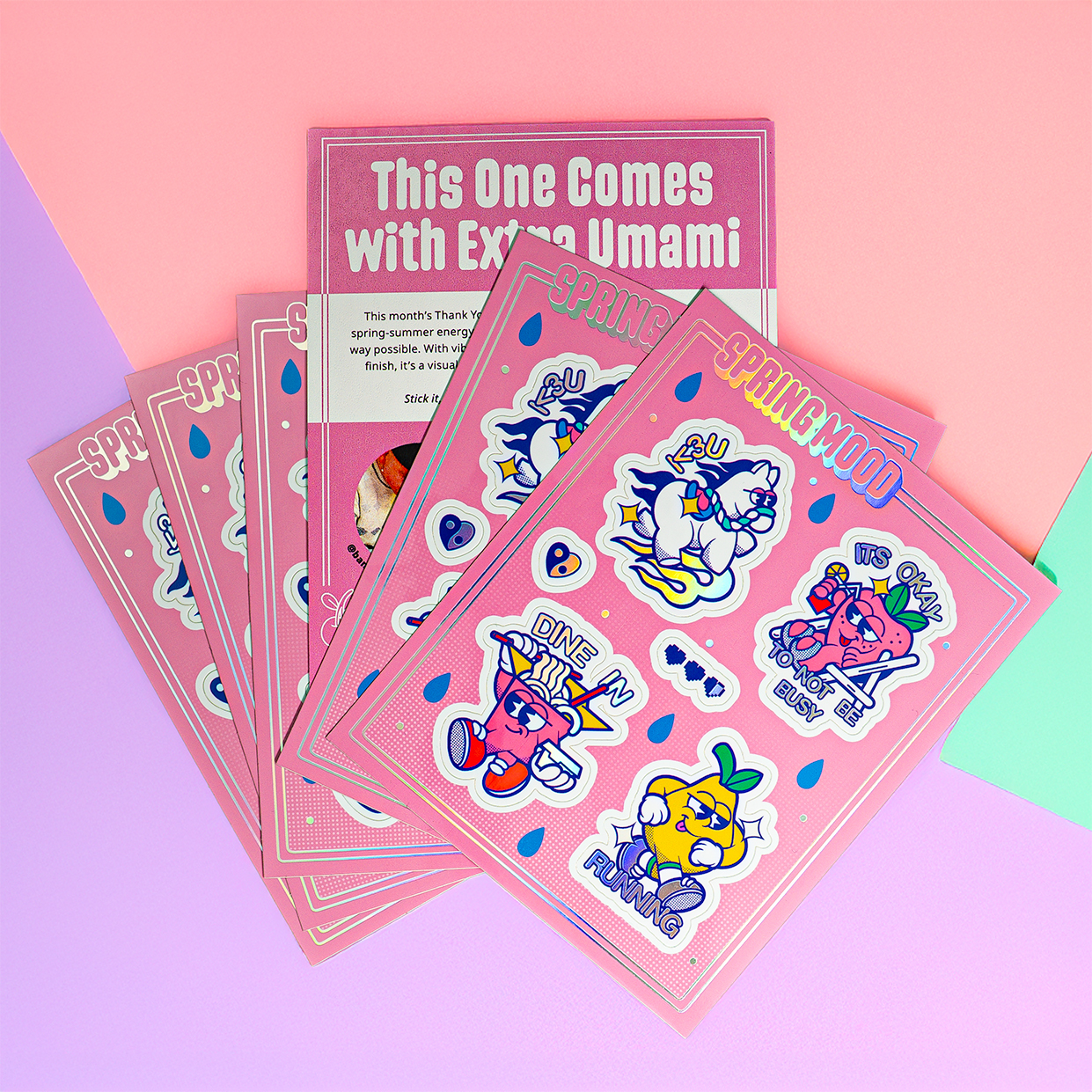 Pink Thank You cards sticker sheets with cartoon characters and text.