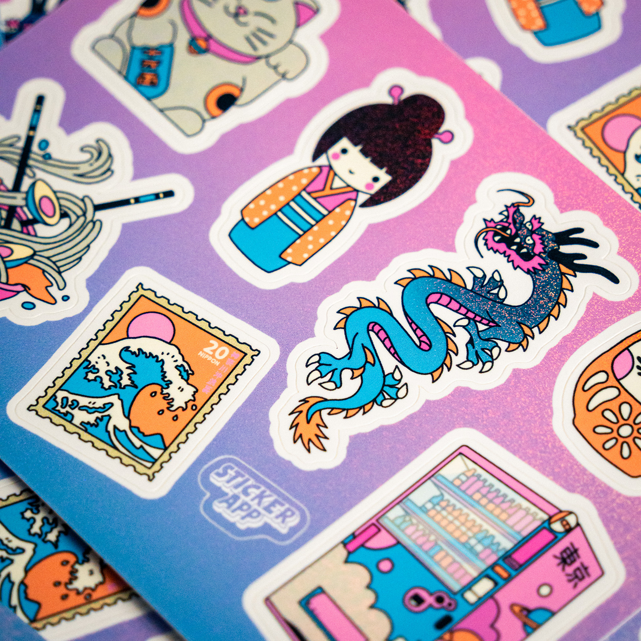 Stickers on a colorful background featuring a dragon, a girl in traditional attire, a lucky cat, noodles, and a vending machine.