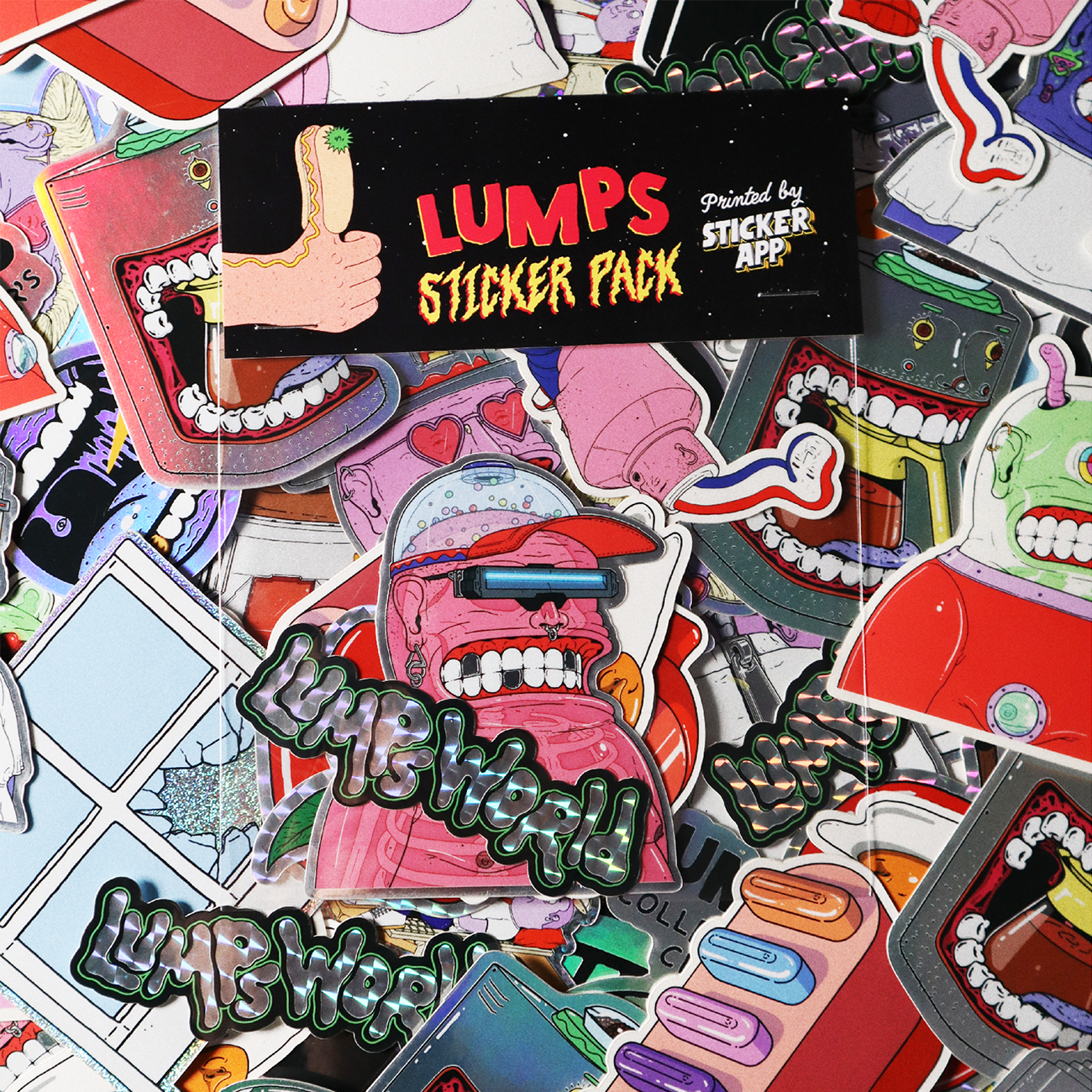 A colorful assortment of cartoonish stickers in a sticker pack, printed on holographic, mirror, prismatic.