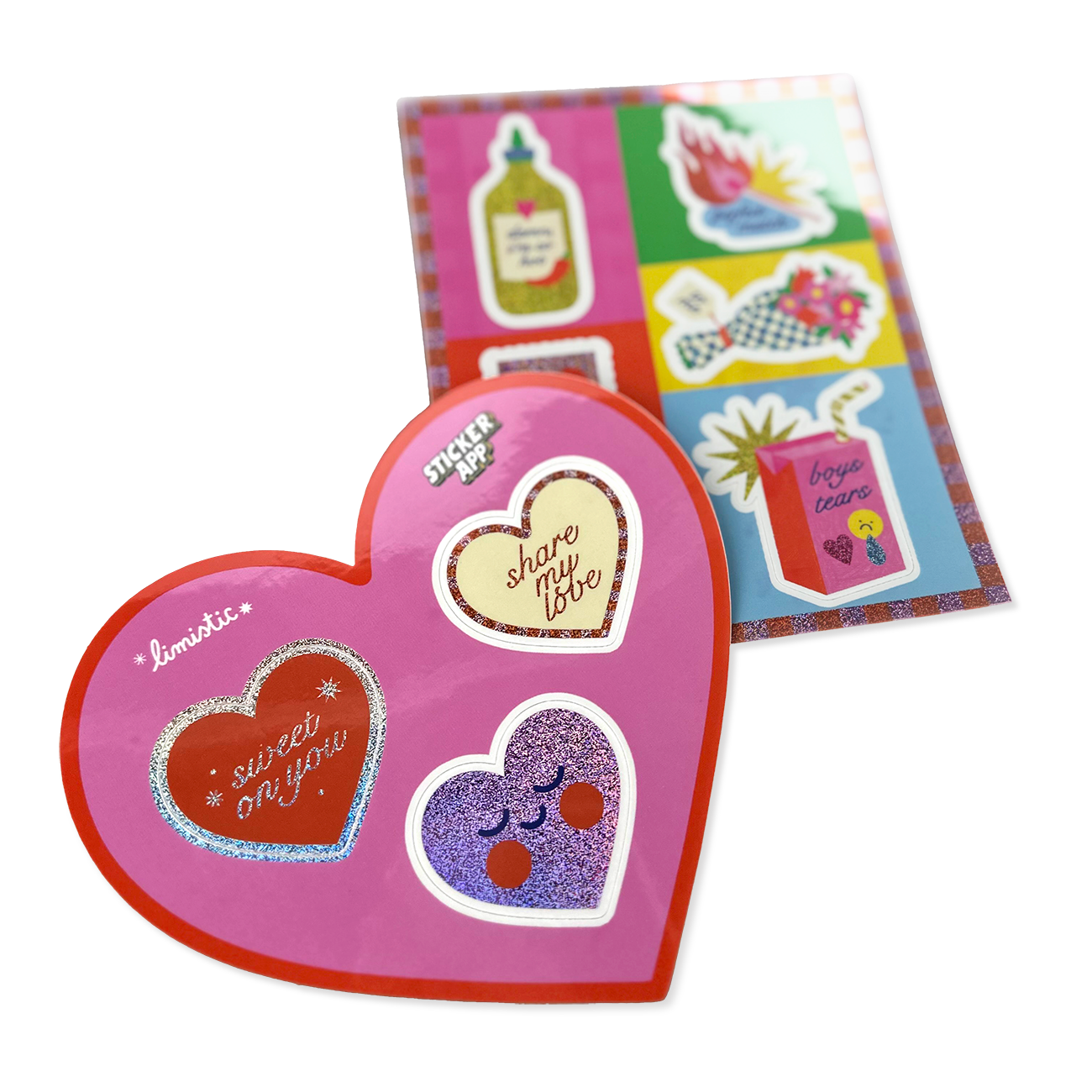 Heart-shaped sticker sheet with messages like "sweet on you" and "share my love", with colorful stickers in the background.