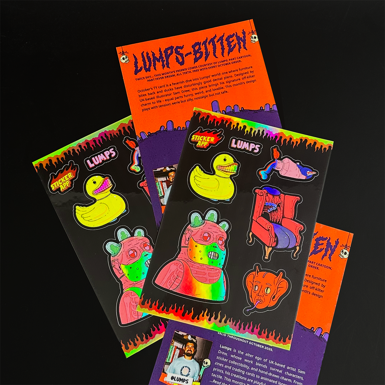 Sticker sheet of colorful, holographic cartoonish animals and objects on a black background.