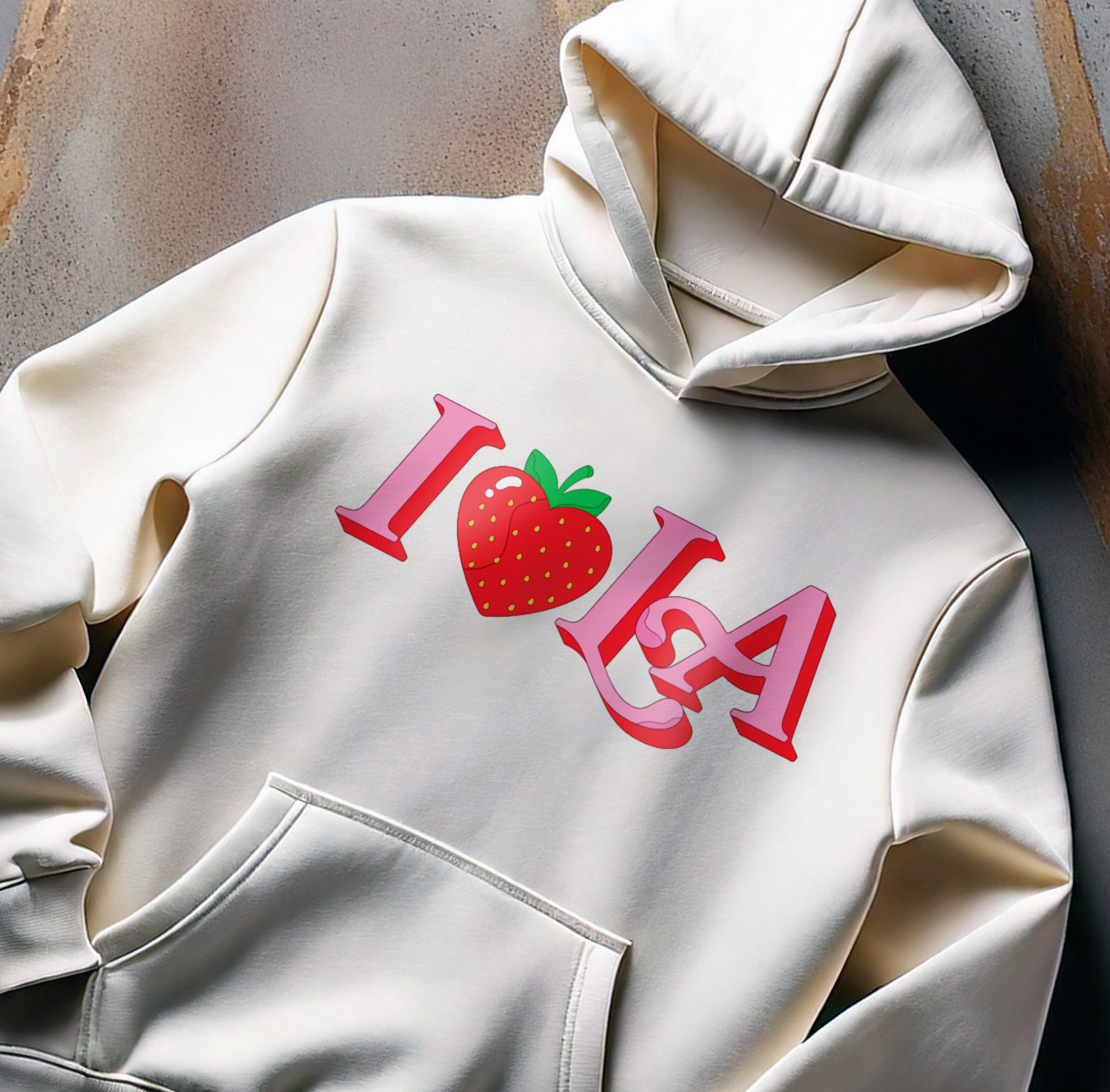 I Love LA - Transfer auf einem Hoodie.
