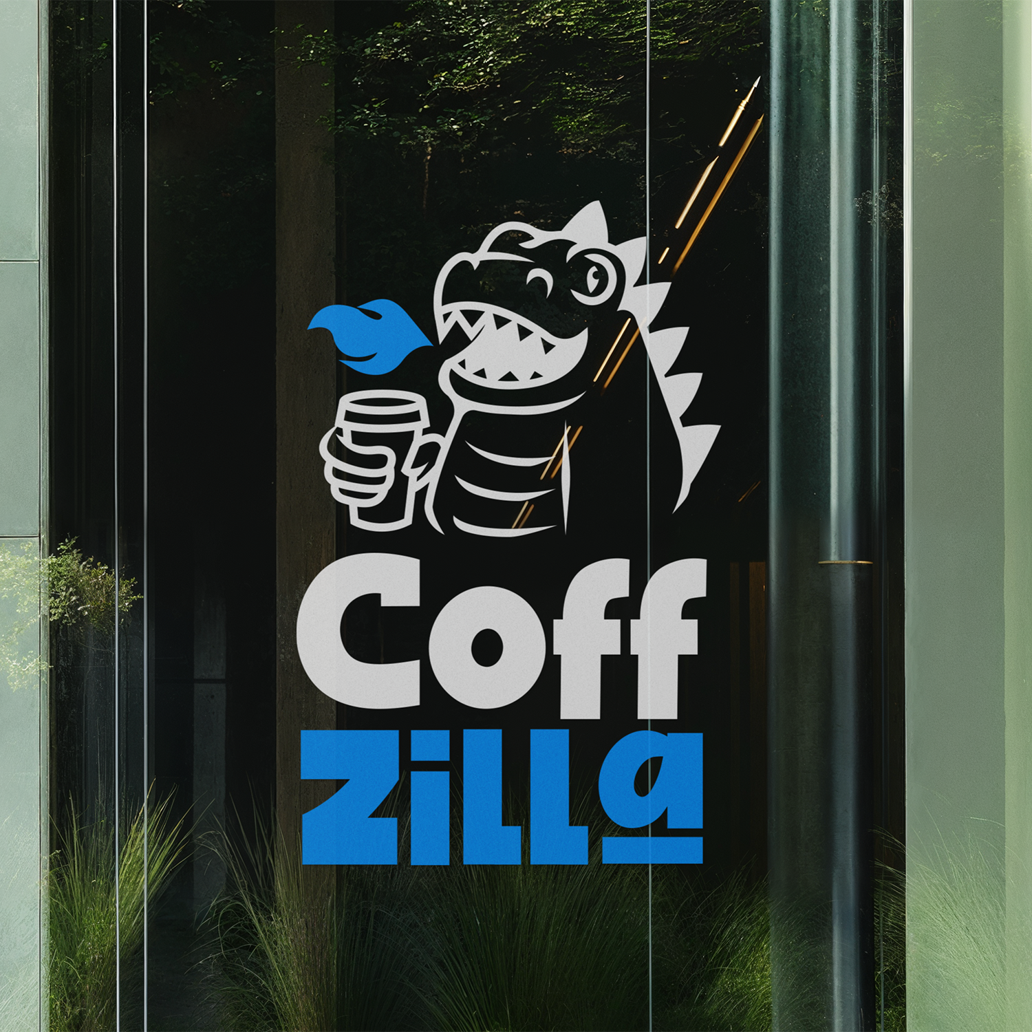 Vinyl-Transfer von "CoffZilla" mit einem Cartoon-Drachen, der eine Kaffeetasse hält, mit stilisiertem blauem und weißem Text auf einer Glasoberfläche.