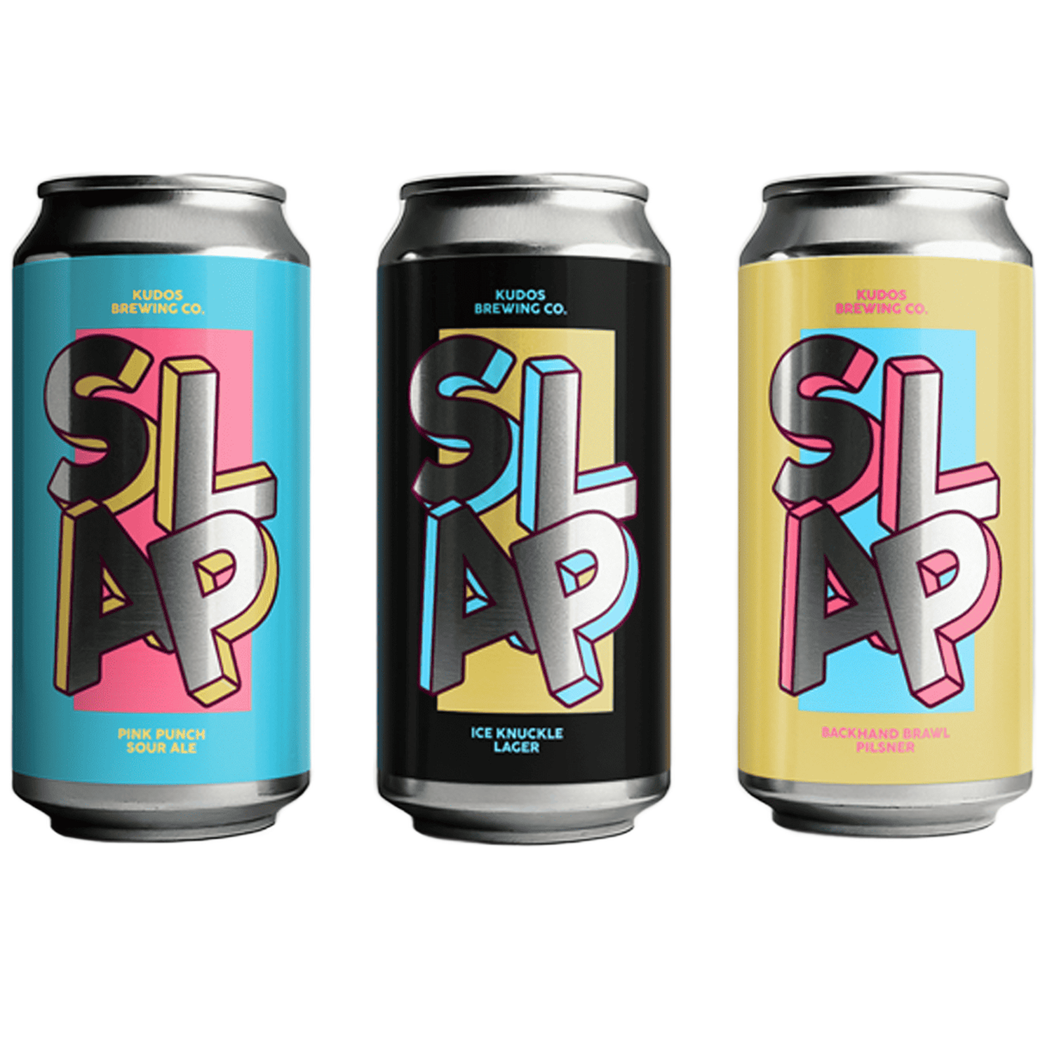 Drei Bierdosen mit eigenen Etiketten für die SLAP-Biere von Kudos Brewing Co., mit großen Buchstaben in metallischem Silber
