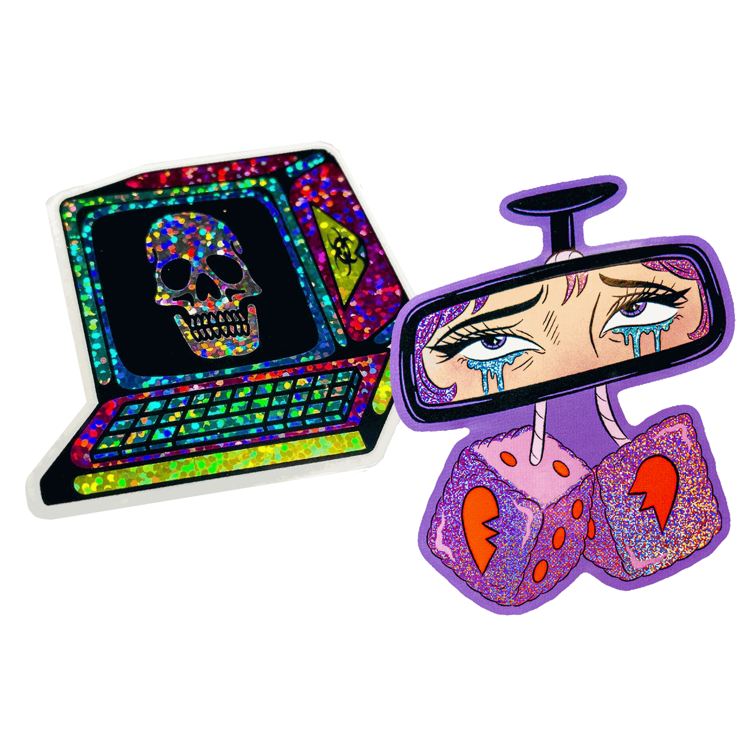 Freiform-Sticker aus Glitzer mit einem Retro-Computer und Totenkopf auf dem Bildschirm, daneben ein Freiform-Sticker aus Pixie Dust mit einem Rückspiegel mit tränenden Augen und Plüschwürfeln