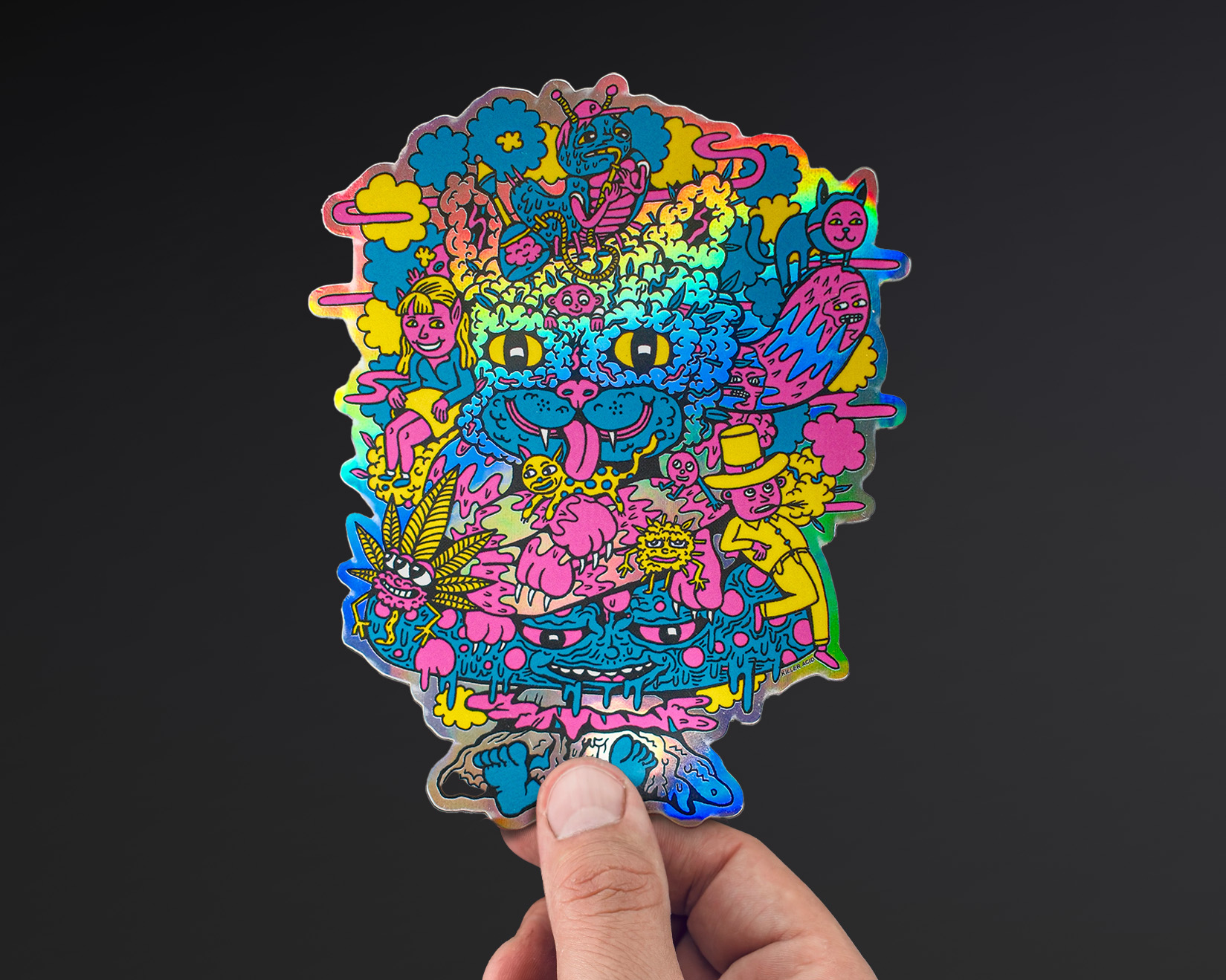 Colorful psychedelic sticker featuring a multi-eyed cat surrounded by whimsical characters and vibrant patterns.