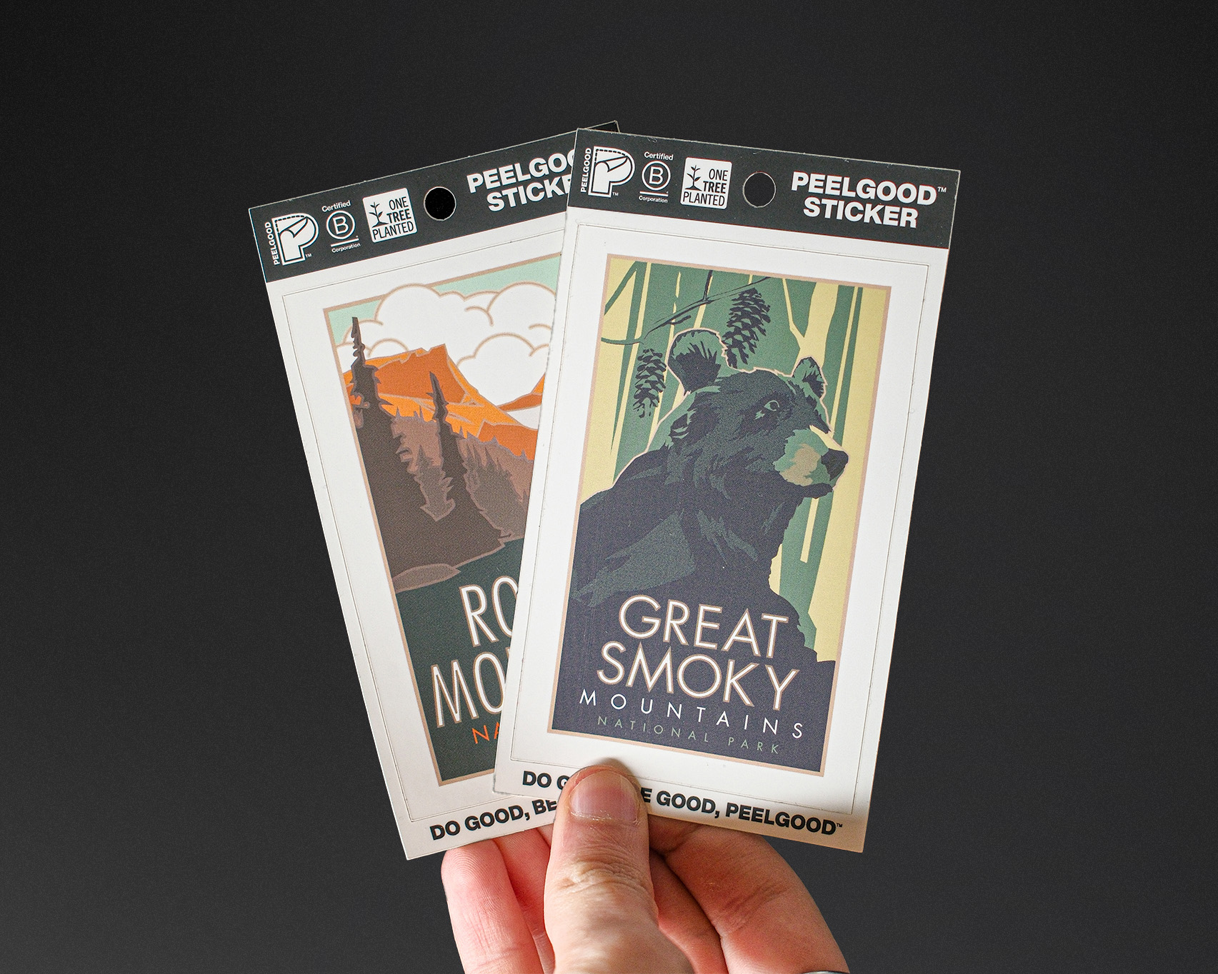 PeelGood stickers: one with a bear and "Great Smoky Mountains," the other with mountains and trees.