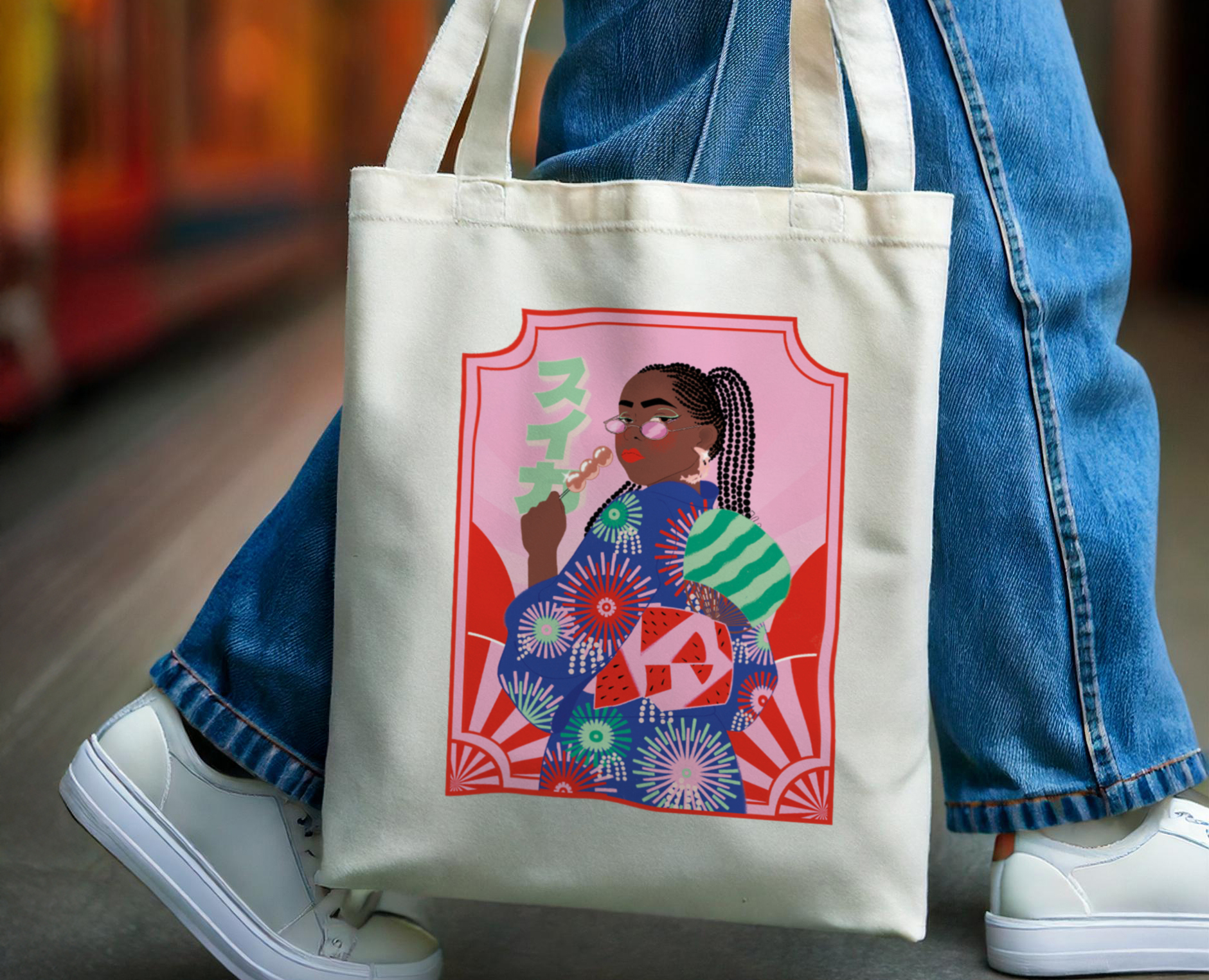 A bag with DTF heat transfer of a woman with glasses.