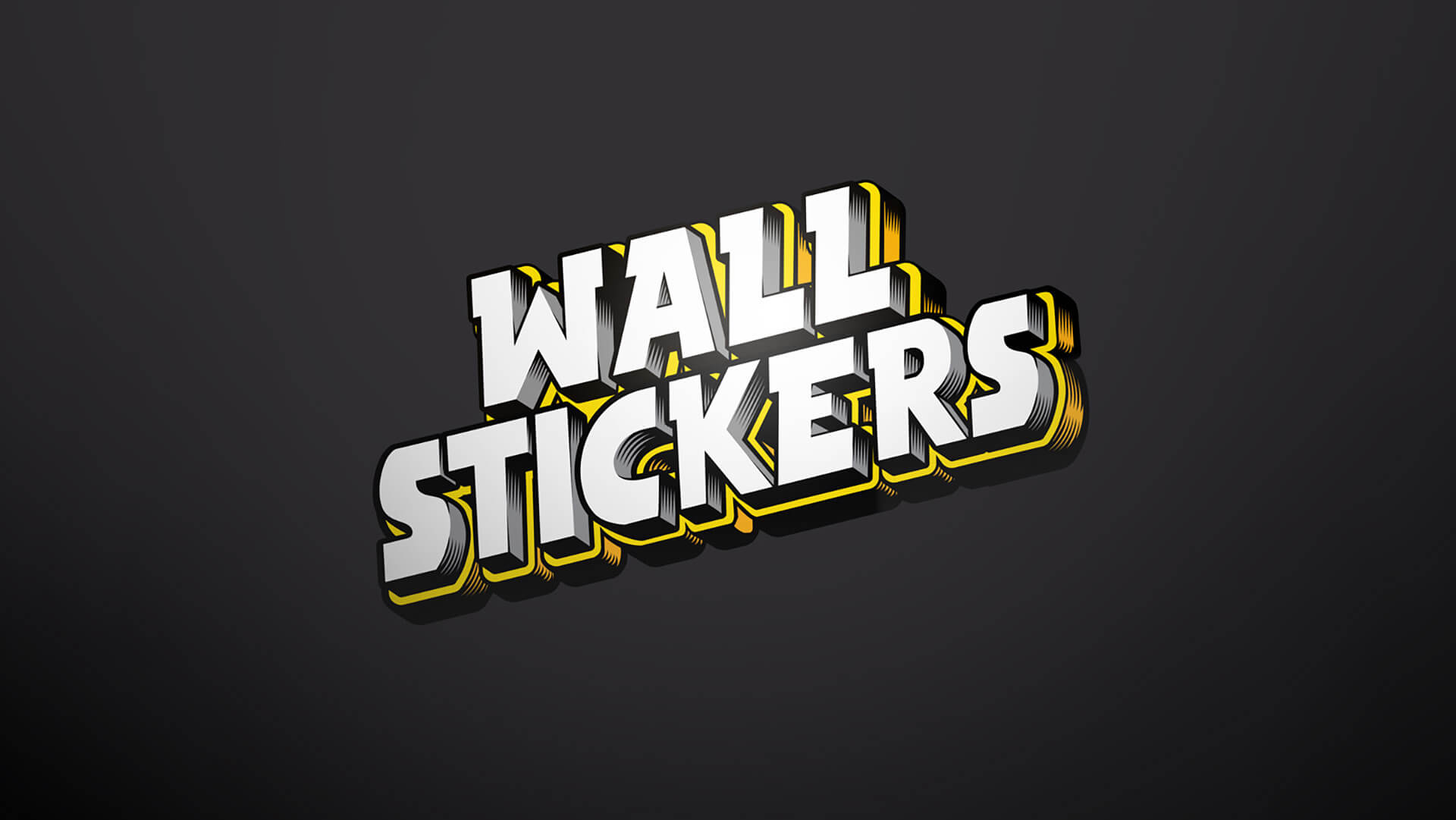 Weiß-gelber Schriftzug "Wall Stickers" auf dunklem Hintergrund