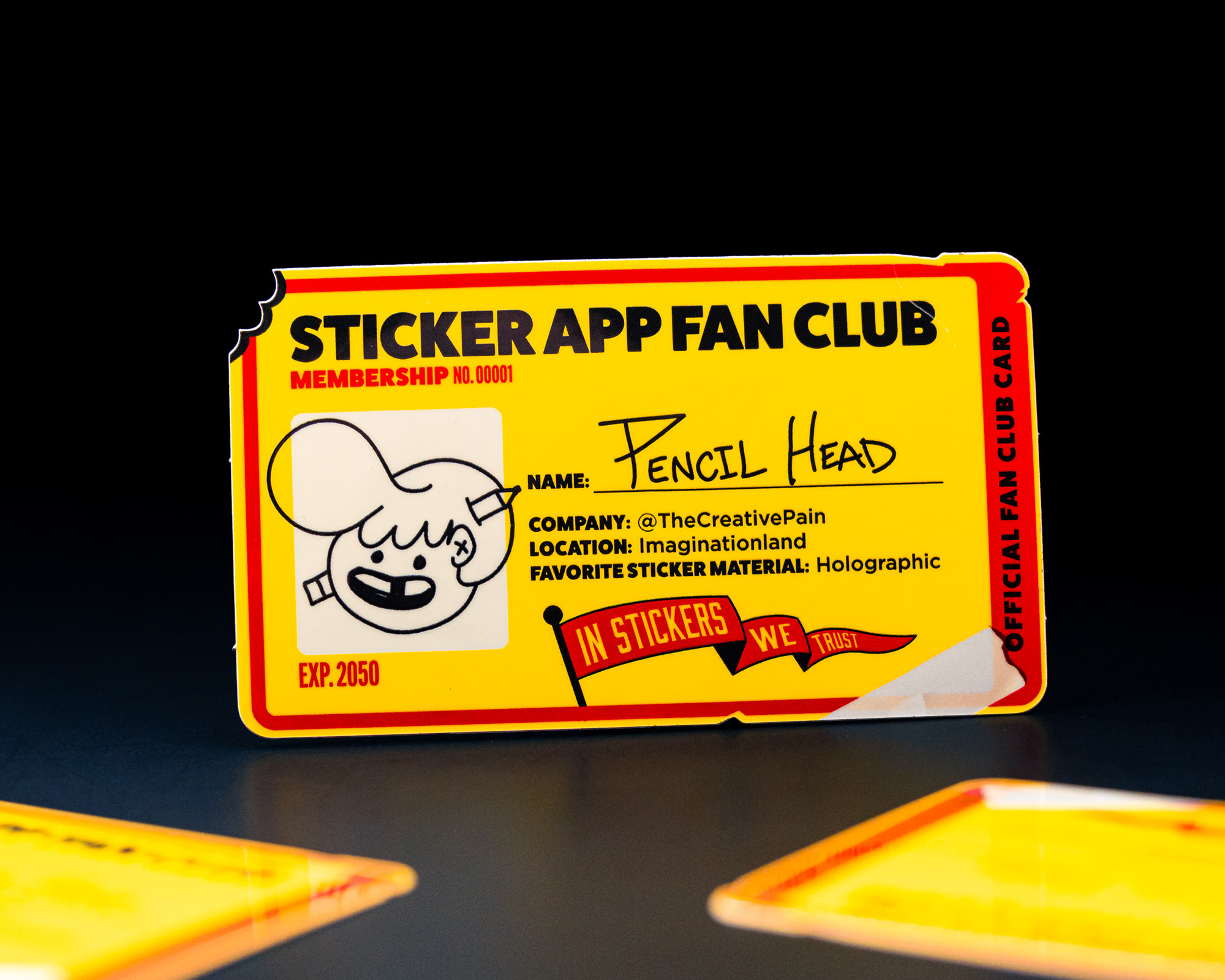 Yellow removable "Sticker App Fan Club" card with hand-drawn character, member name "Pencil Head," and expiration date 2050.