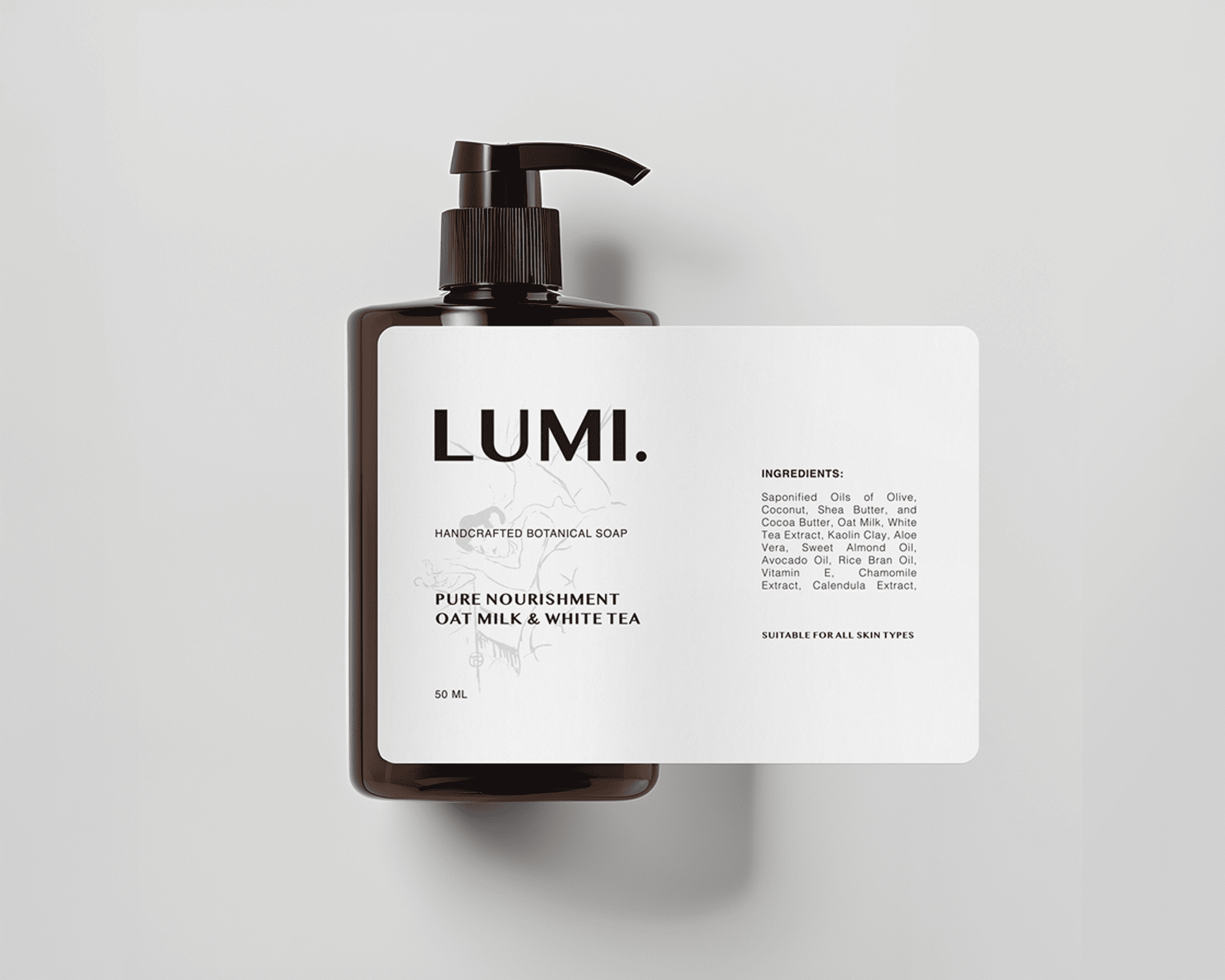 A brown pump bottle labeled "LUMI" with a white tag detailing "Pure Nourishment Oat Milk & White Tea" soap and ingredients.