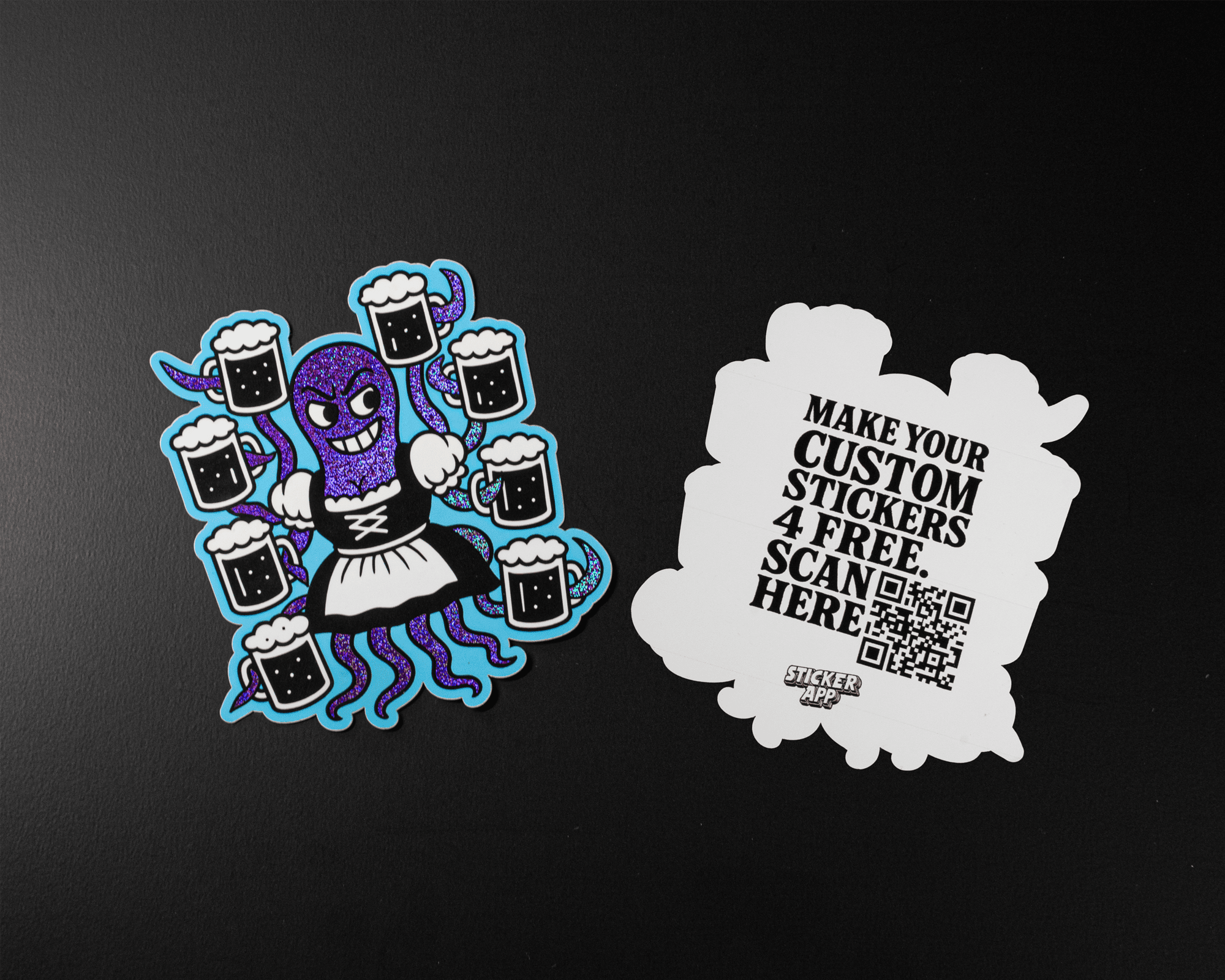 Sticker of octopus in traditional dress holding beer mugs next to a sticker with a QR code and text promoting custom sticker creation.