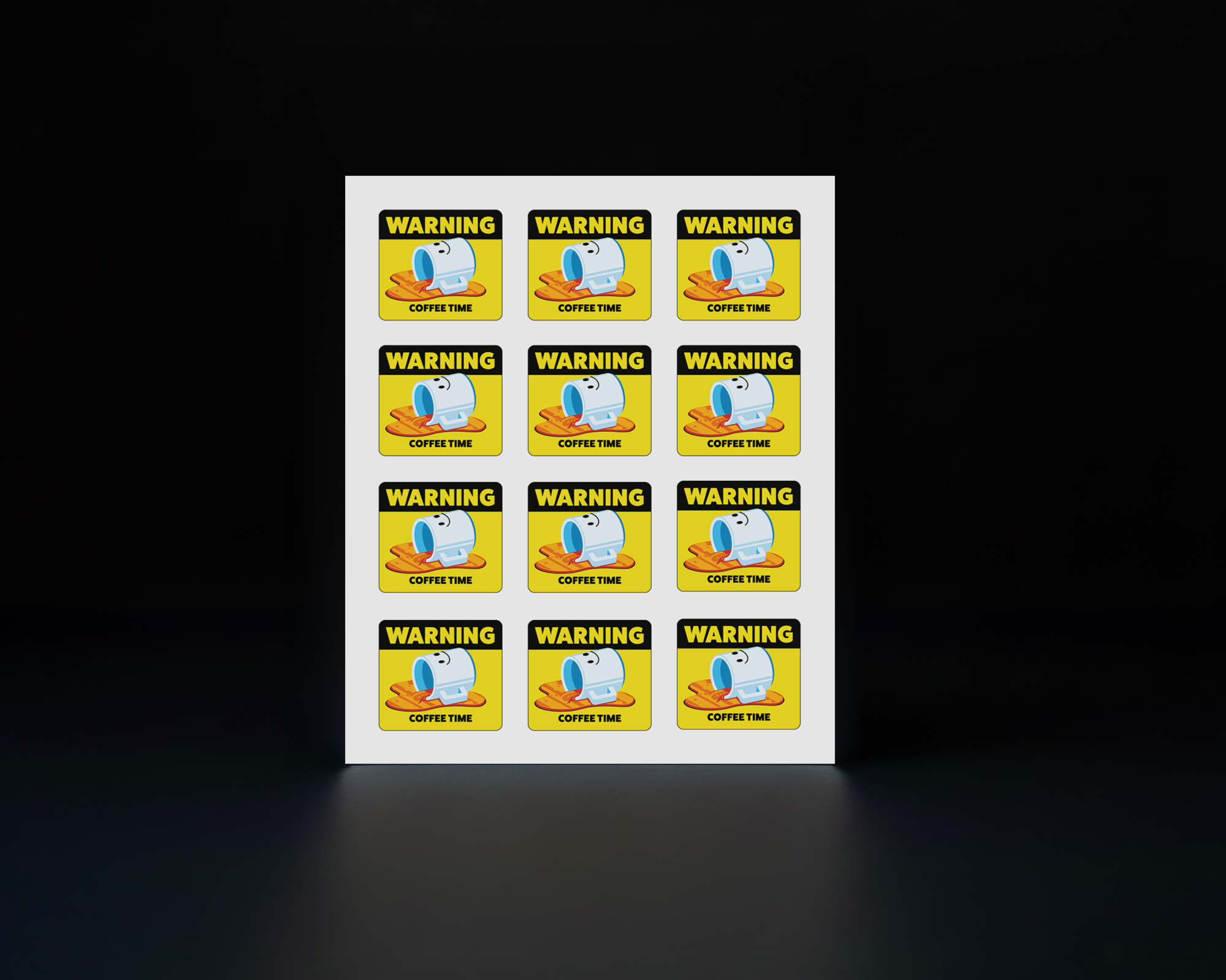 Sheet of nine "Warning: Coffee Time" stickers with a steaming coffee cup graphic on a yellow background.