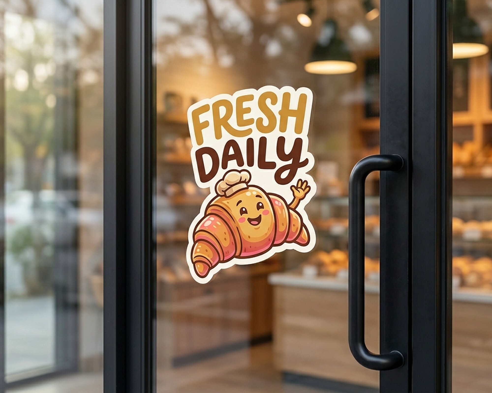 Eigenes Freiform-Decal mit lächelndem Croissant und dem Schriftzug „Fresh Daily“ an der Glastür einer Bäckerei