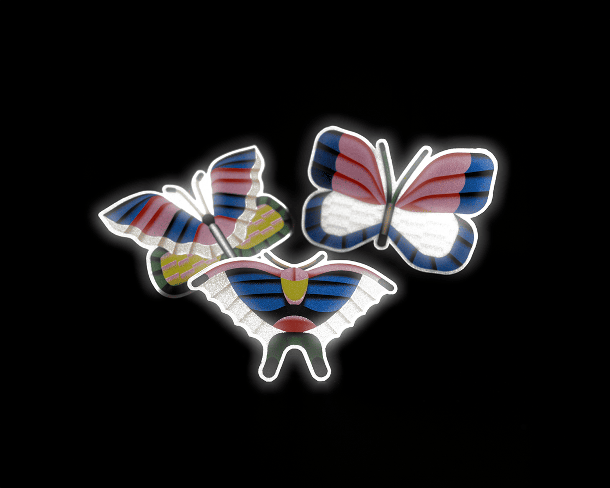 Three colorful reflective stickers, stylized butterflies with geometric patterns on a black background, each with unique designs and vibrant colors.