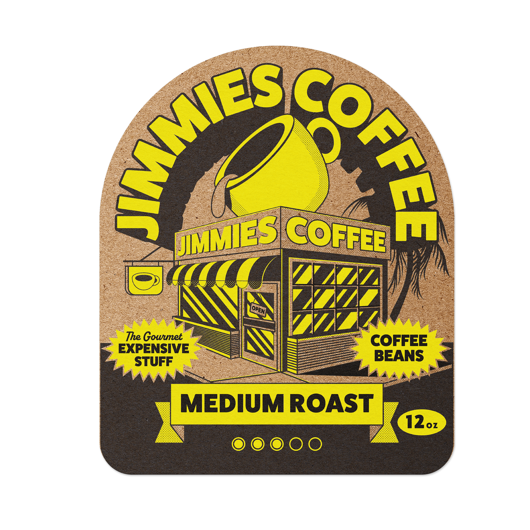 Yellow and brown coffee packaging labels with "Jimmies Coffee" logo, Text: "Medium Roast, 12 oz."