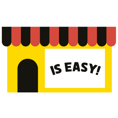 Gelbe Ladenfront mit rot-schwarzer Markise und einem "Is easy!"-Schild, Symbol für Decals