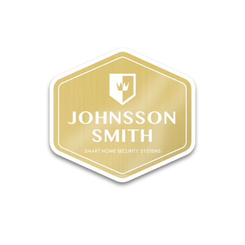 Gold hexagonal logo Sticker with a crown and shield emblem, featuring the text "Johnsson Smith Smart Home Security Systems".