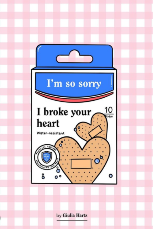 Verspielte Illustration eines Patch-Sets mit dem Schriftzug 'I'm sorry I broke your heart'.