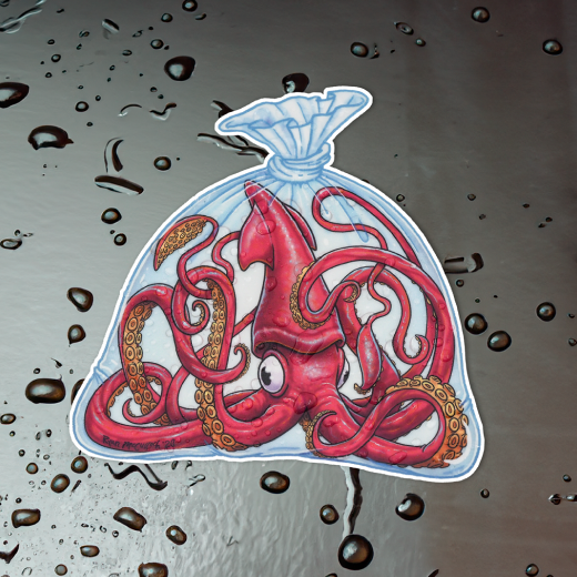 A transparent sticker of an octopus in a bag
