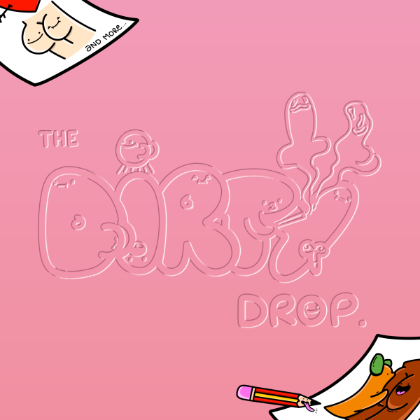 Geprägtes The Dirty Drop-Logo auf Rosa mit Cartoon-Stickerbögen, die aus den Ecken hervorschauen, ein Teaser für das Sticker-Pack