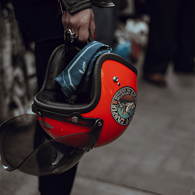 Nahaufnahme einer Person, die einen Motorradhelm mit einem individuellen Aufkleber in der Hand hält.
