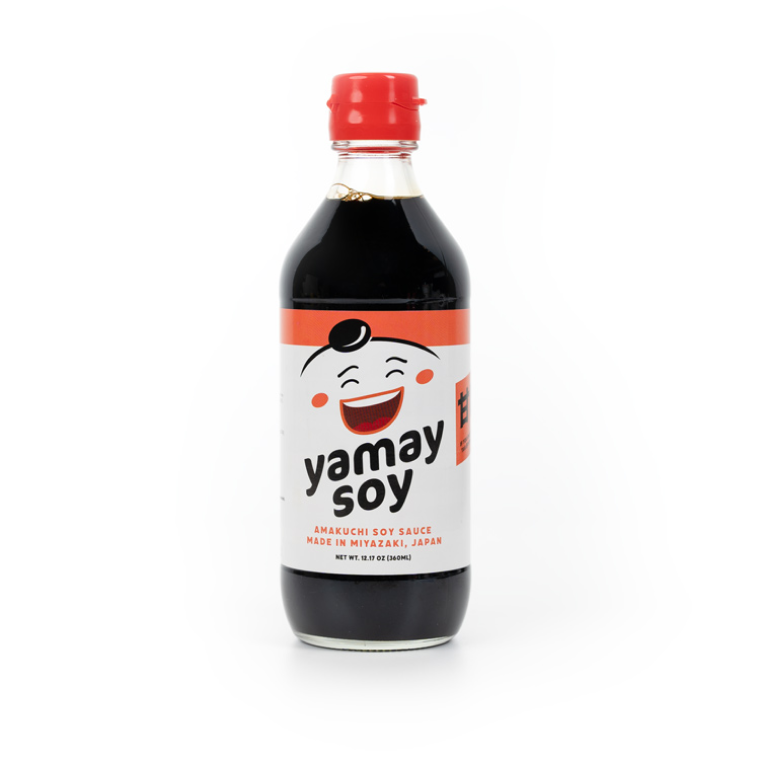 A bottle of yamay soy with custom bottle label.