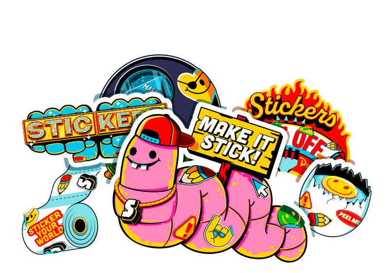 Bunte individuelle Freiform-Sticker, darunter ein rosa Wurm mit einem "Make it stick!"-Schild
