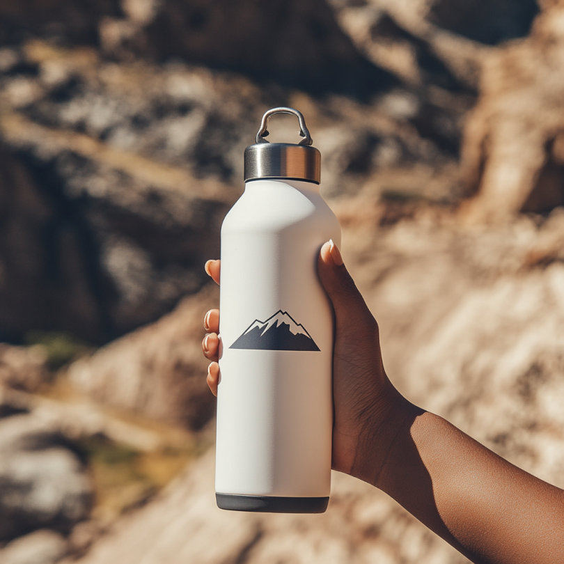 A person holding a water bottle with a mountain sticker on it