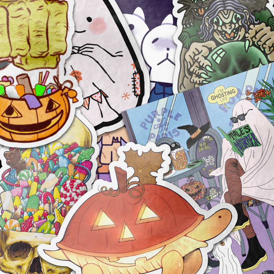 Collage der Gewinner-Sticker-Designs zu Halloween, darunter ein lesendes Gespenst im Café, ein Totenkopf voller Süßigkeiten, eine Kürbislaternen-Schildkröte und eine Hexe mit Kristallkugel