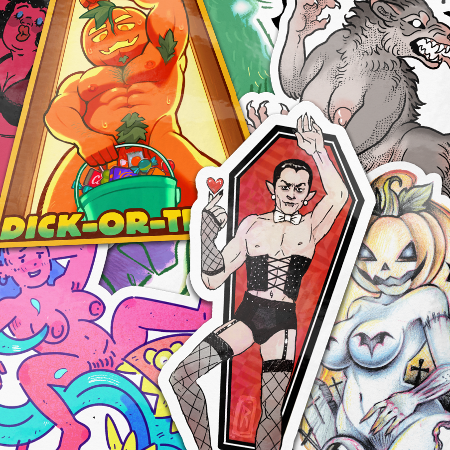 Collage der NSFW-Gewinner-Sticker-Designs zu Halloween, darunter ein Werwolf, ein Vampir im Korsett, ein Pin-up mit Kürbiskopf und „Dick-or-Treat“