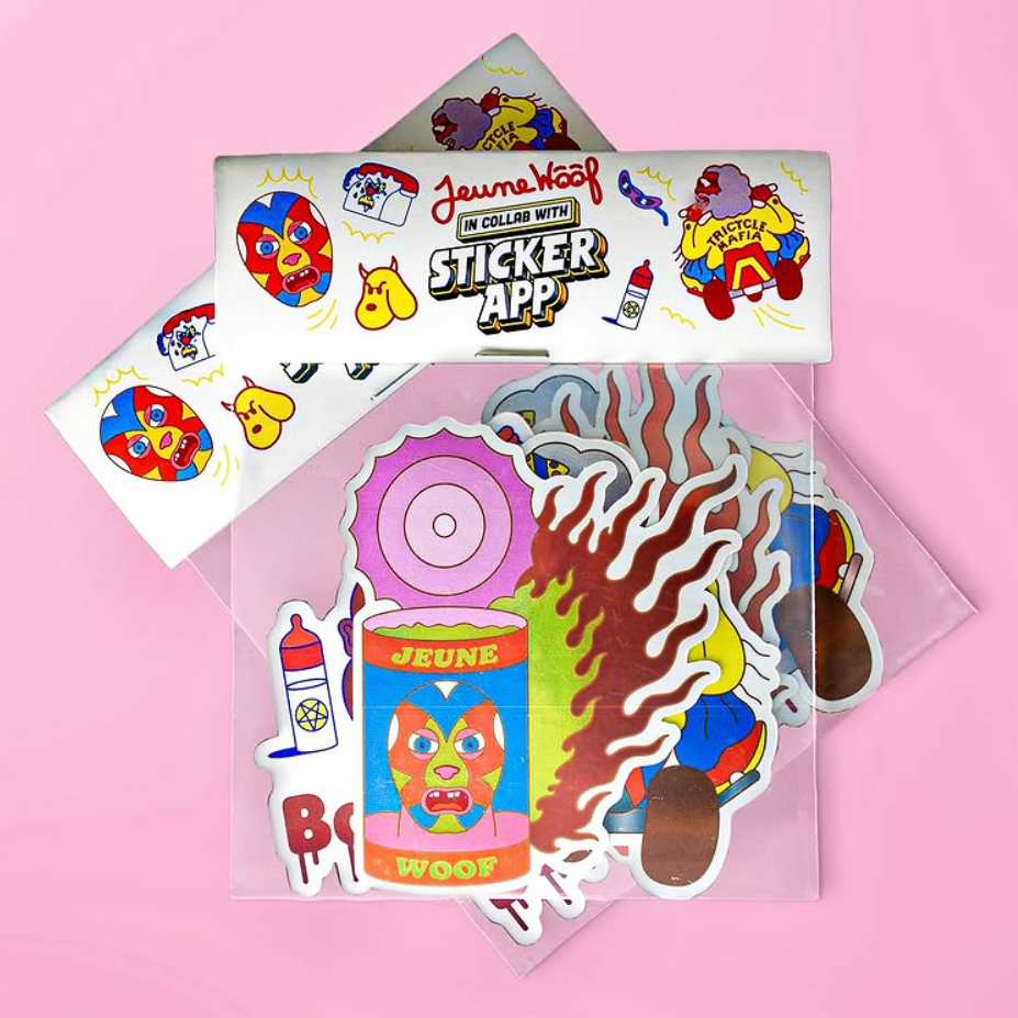 A collection of colorful, cartoon-style stickers in a sticker pack featuring masks, flames, and cans, with a "Jeune Woof" label.